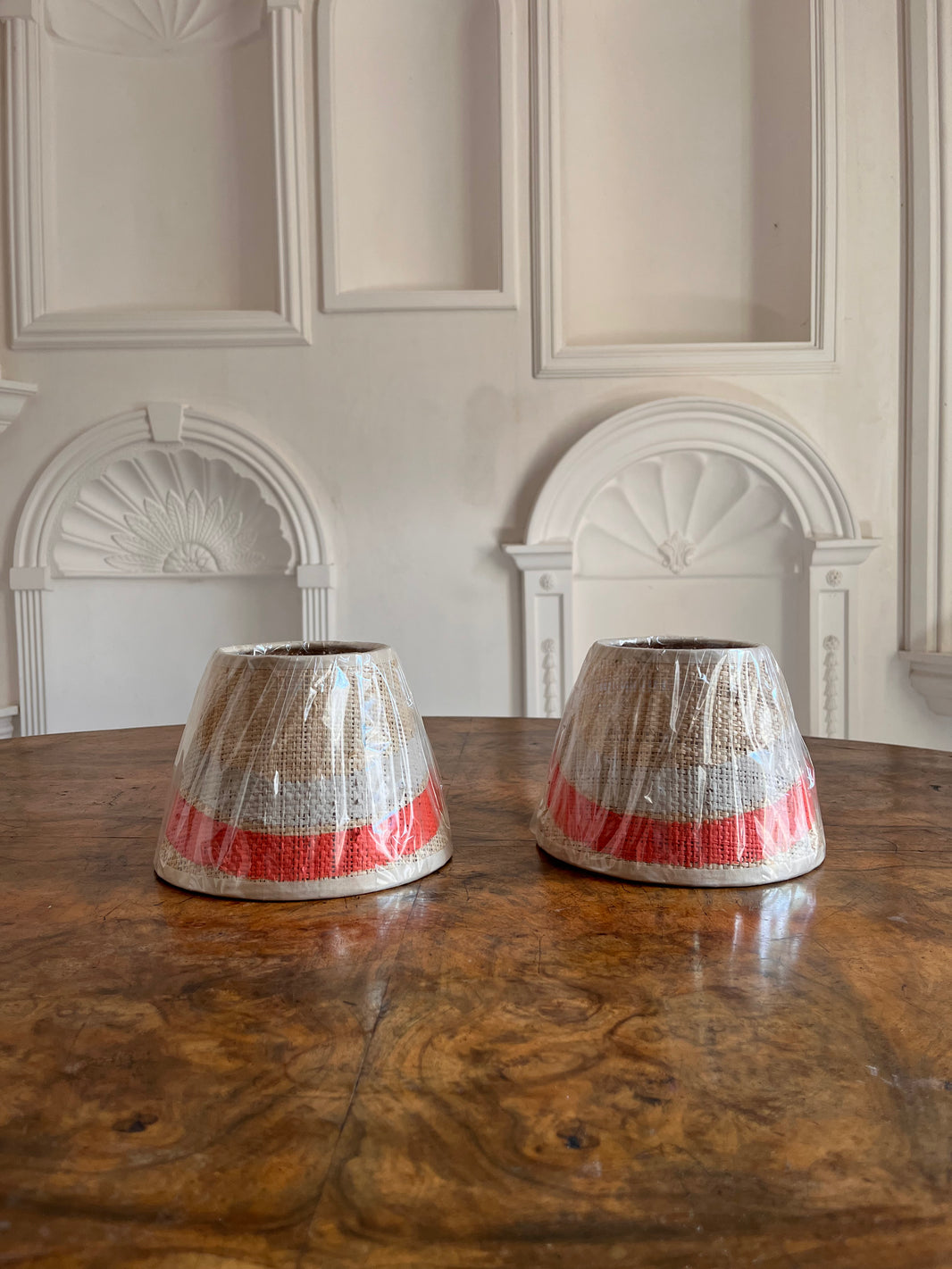 Pair of Hand Painted Raffia Double Wave Shades