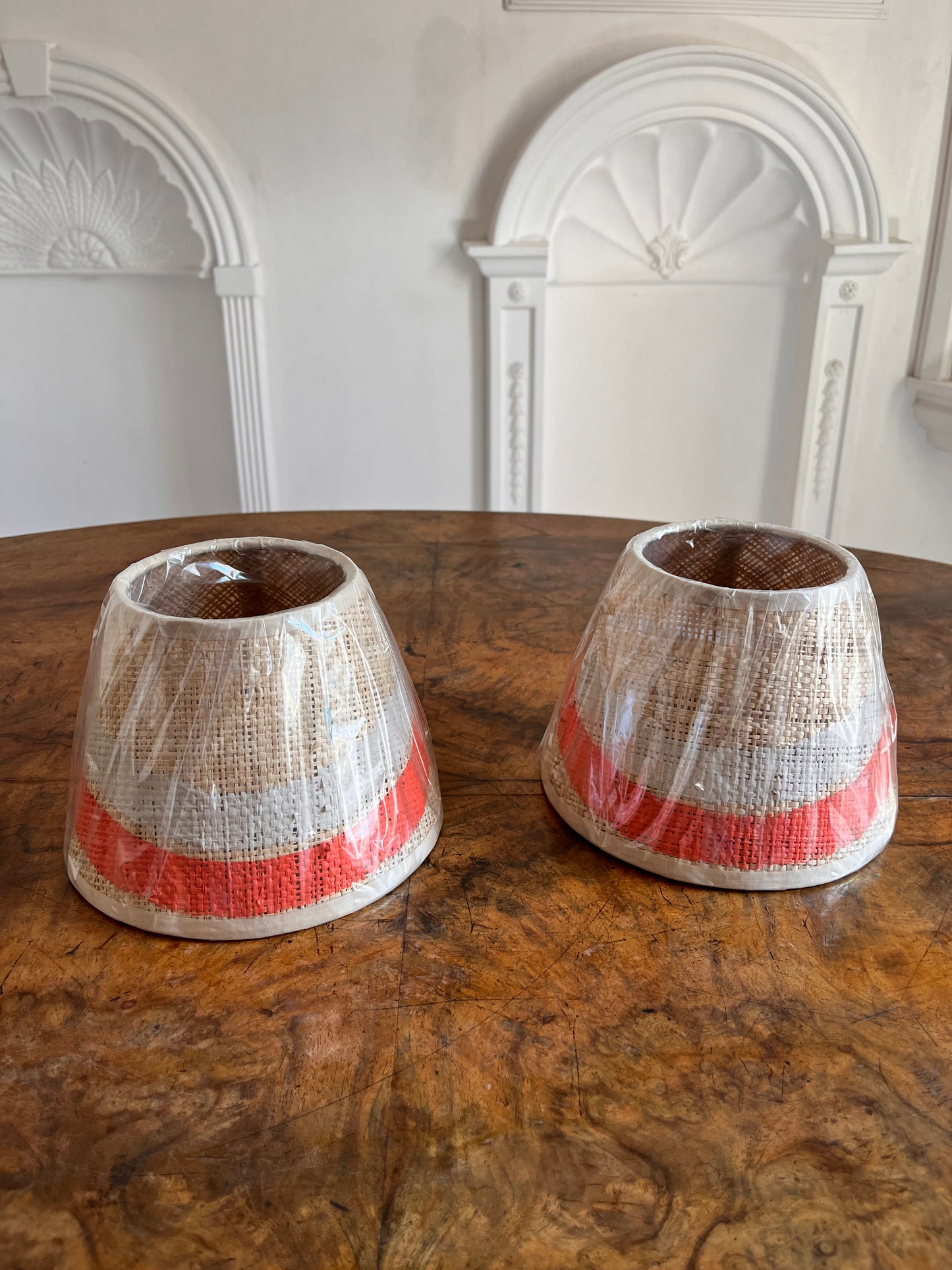 Pair of Hand Painted Raffia Double Wave Shades